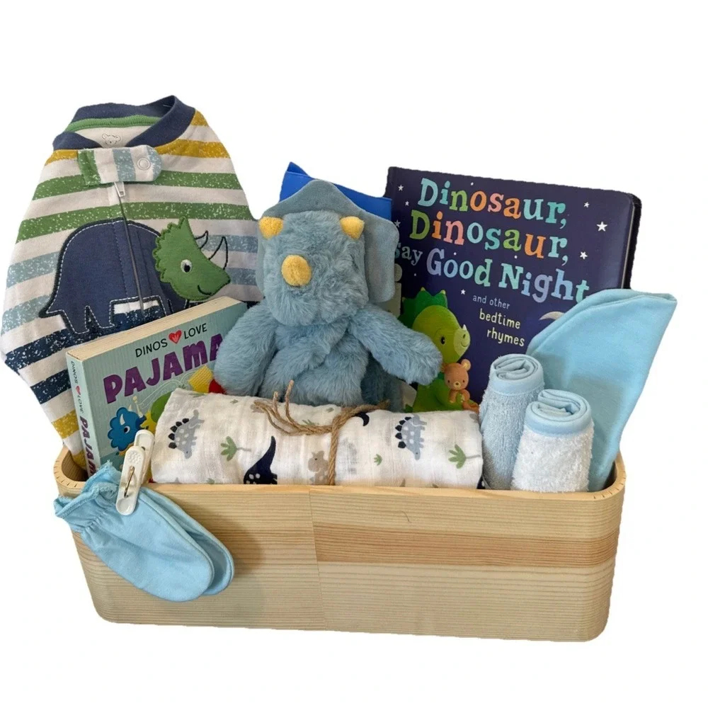 Baby Boy Shower Dinosaur Themed Gift Basket, Blanket, Plush, Books Clothes Etc.